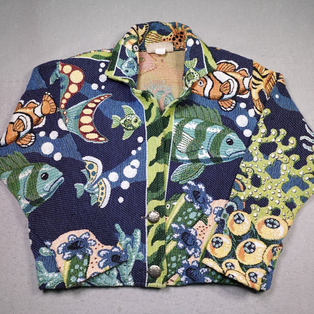 Vintage Painted Pony Tapestry Jacket Womens Medium Navy Fish Ocean Woven USA